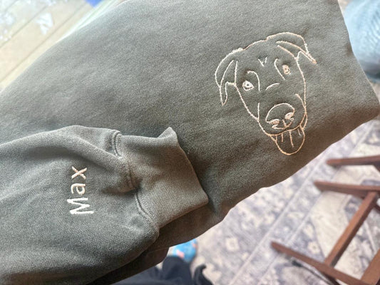 Custom Embroidered Line Art Dog Sweatshirt w/ Personalized Sleeve